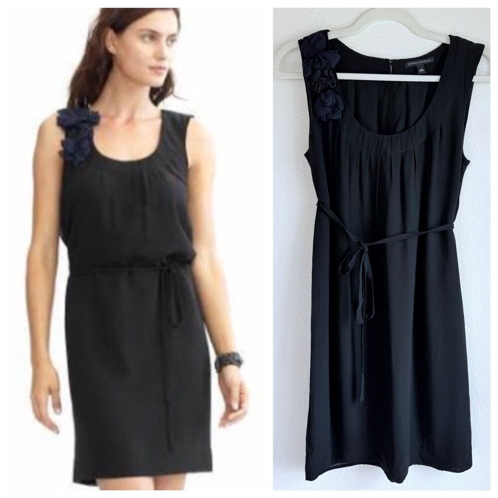 Banana Republic 100% Silk Rosette Sleeveless Tie Waist Dress in Black & Navy 4